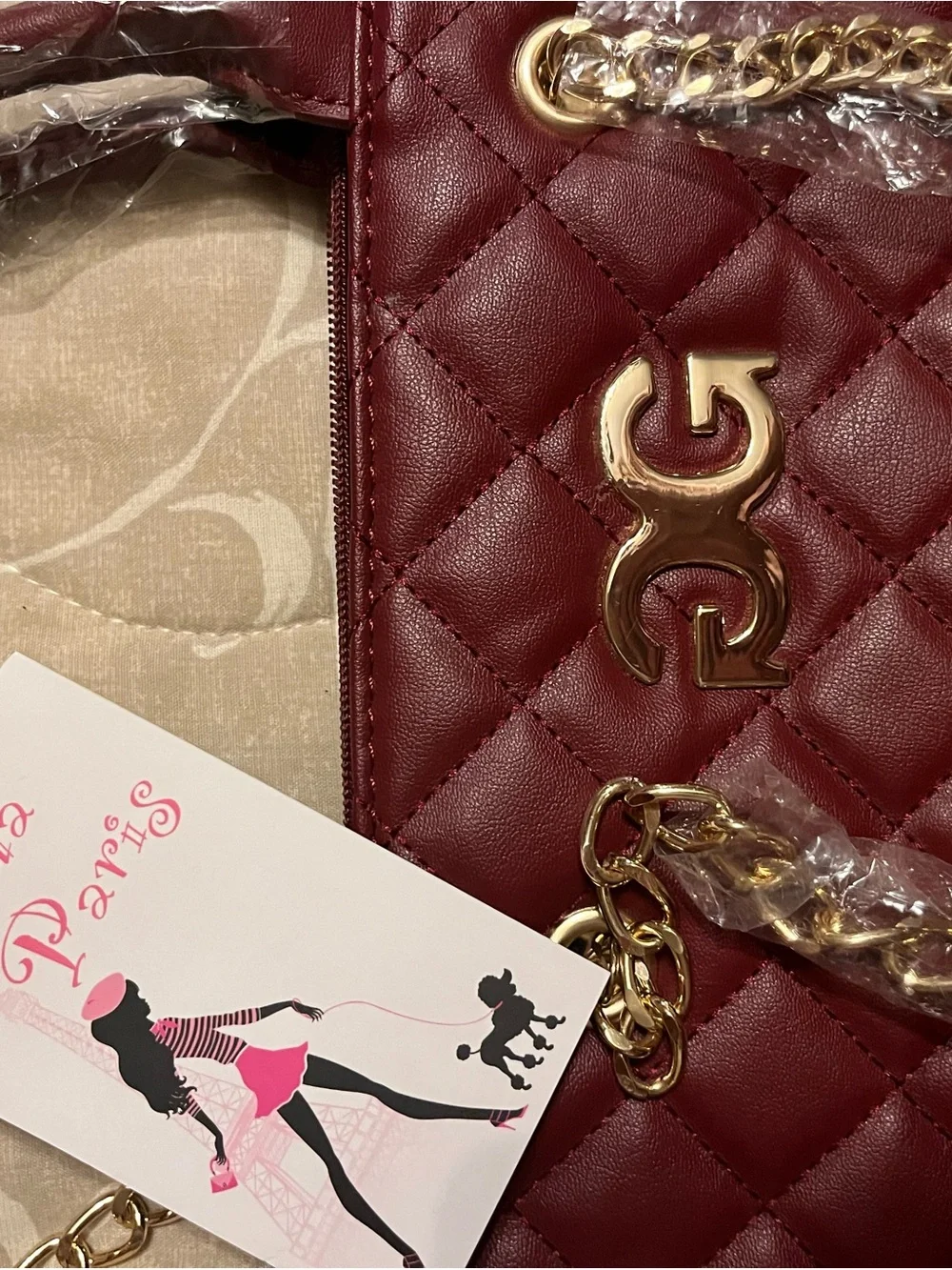 Quilted Burgundy Women’s Tote with Gold Chain Straps